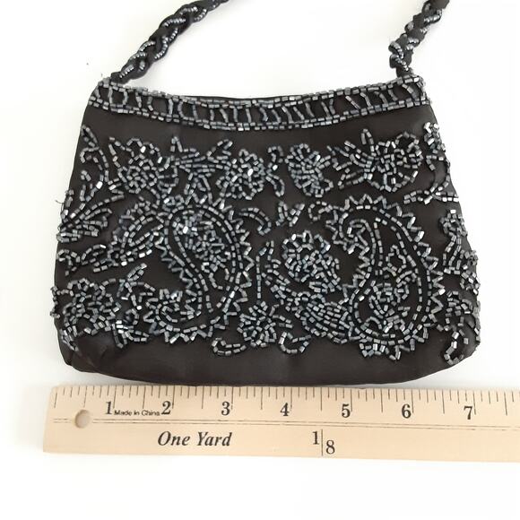 Vintage 80s Black Beaded Micro Crossbody Union Made Snap Closure Evening Wear - Picture 11 of 13